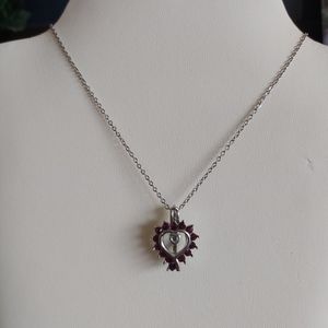 Silver Heart Pendant with Rubies and Chain